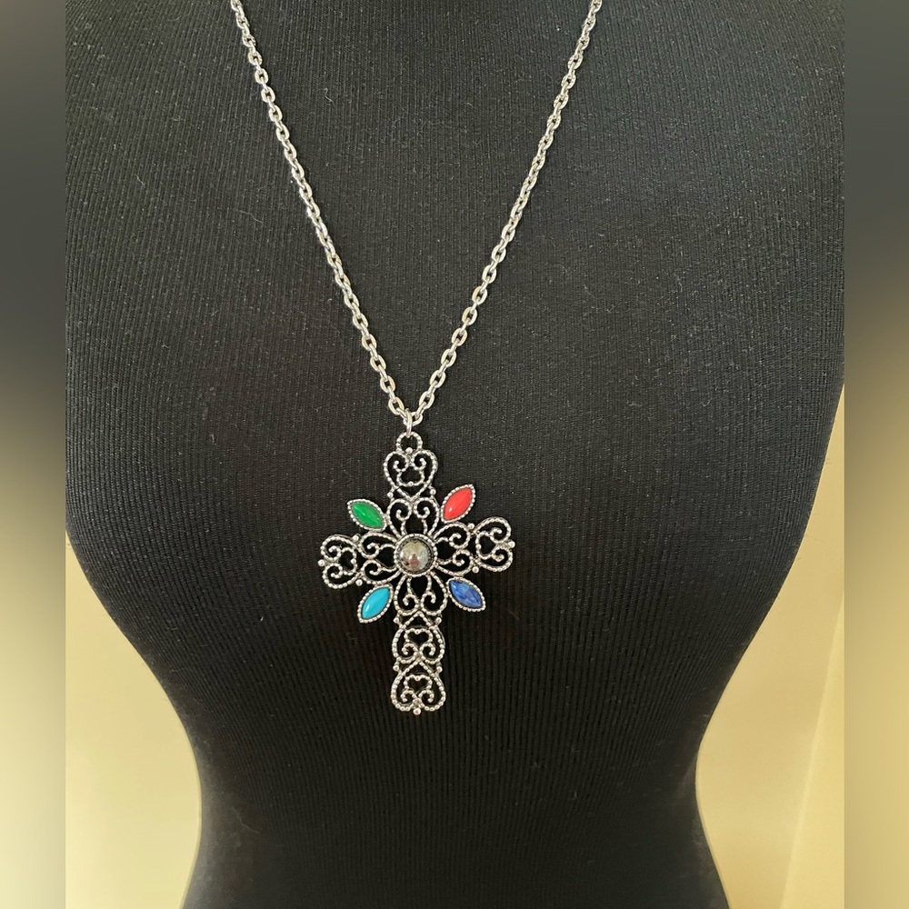 Vintage Avon Cross Pendant Necklace Colorful Accents